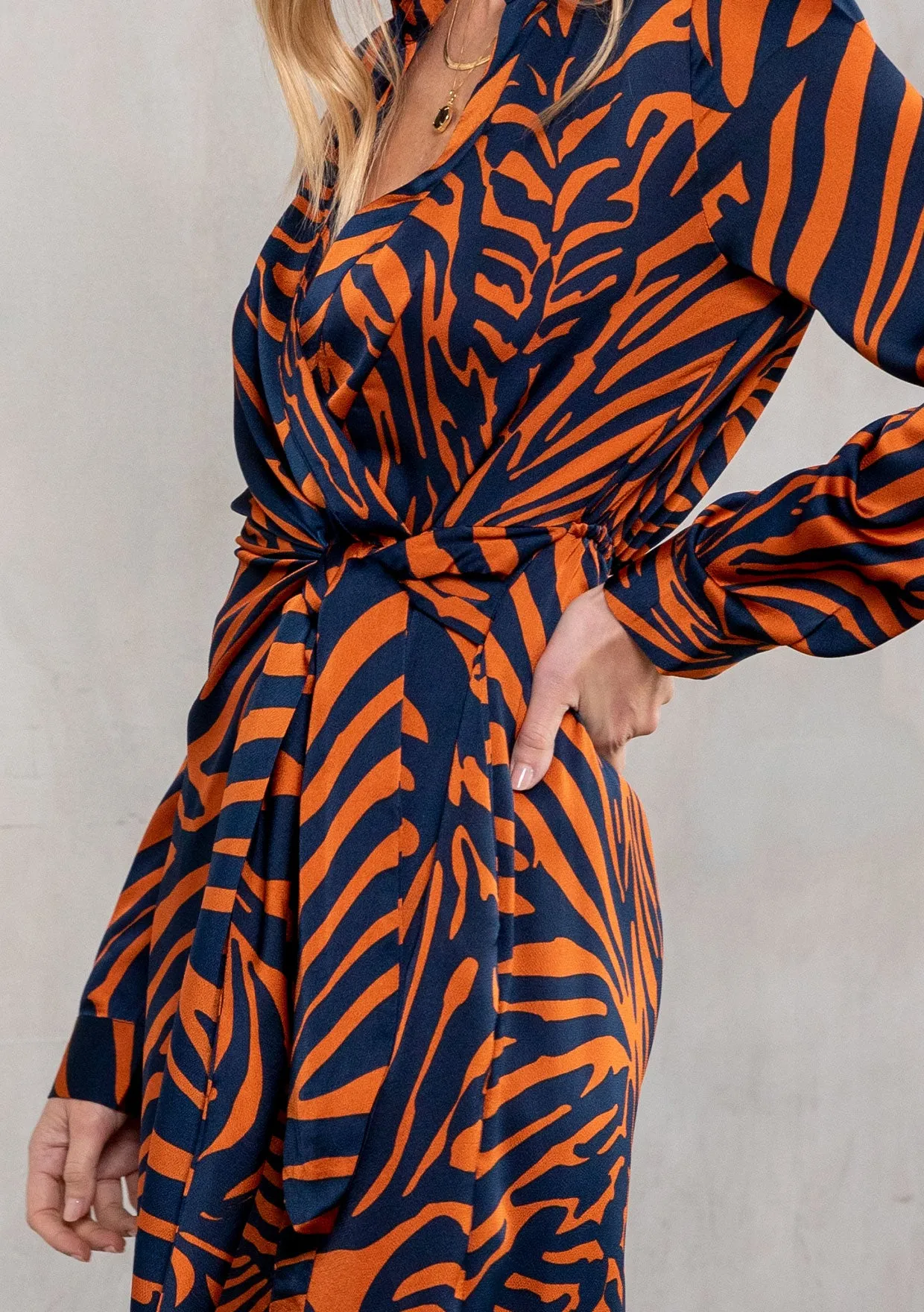 Zebra Print Collared Long Sleeve Midi Dress